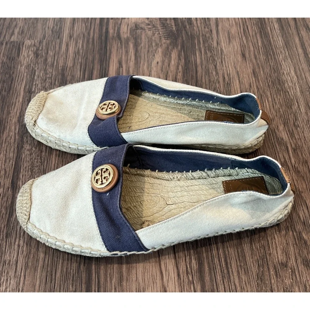 TORY BURCH ESPADRILLE BEIGE AND NAVY SHOES SIZE 6.5
